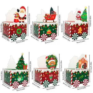 Maatdiagram voor zes kleurrijke kersttrein snoepdozen met verschillende feestelijke ontwerpen