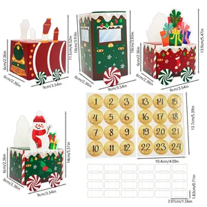 Gedetailleerde afmetingen van de kerstadventskalender trein geschenkdozen en stickers