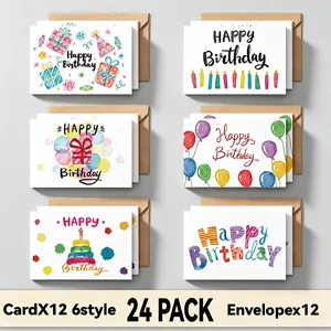 Set di 24 biglietti d'auguri acquerello Happy Birthday con 6 stili e 12 buste incluse
