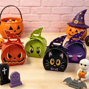 Cajas de caramelos de Halloween con diseños de calabaza y gato para fiestas