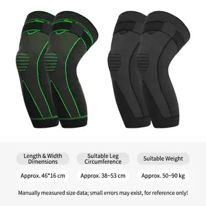 Long compression knee pads for sports featuring a detailed leg size chart description
