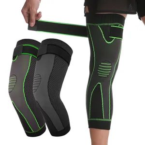 Long compression knee sleeve for sports with adjustable straps and neon green details