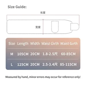 Guide des tailles de la ceinture de sudation avec mesures détaillées de longueur et largeur
