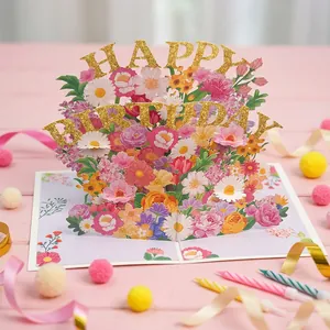 3D pop-up flower birthday card with gold glitter Happy Birthday text and floral design