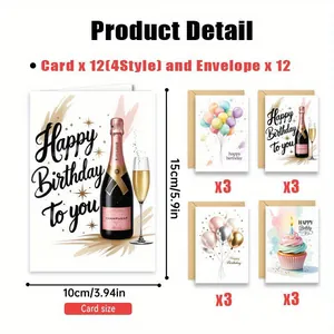 Detail of 12-pack birthday card set showing dimensions and 4 assorted watercolor designs
