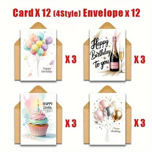 12pcs watercolor birthday card set with 4 unique styles including balloons and cakes