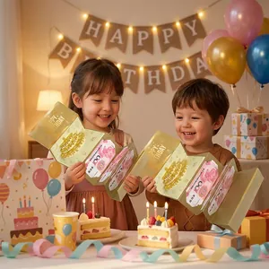 Sobre de cumpleaños pop-up creativo dorado con diseño de pastel 3D para regalo infantil