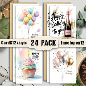 Assorted watercolor birthday cards set of 12 featuring balloons and cupcakes with envelopes