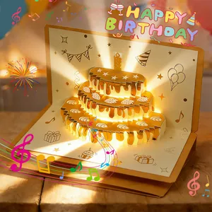 Tarjeta de Felicitación de Cumpleaños 3D Pop Up Pastel de Pan de Oro Sobre de Dinero Regalo de Lujo Con Música y Luz