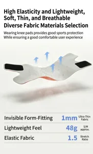 Breathable sports knee brace detail showing 1mm thickness and 48g lightweight material.