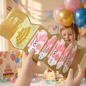 Tarjeta de cumpleaños 3D dorada creativa con múltiples ranuras para regalos en efectivo