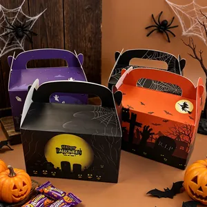 Cajas de Regalo de Papel de Halloween Espeluznantes Con Asa Patrones de Calabaza Fantasma Murciélago Embalaje de Caramelos para Fiesta