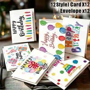 Set di 12 biglietti di auguri di compleanno stile acquerello colorato con buste incluse