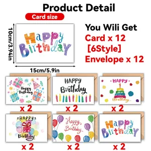 Set di 12 biglietti di auguri di compleanno colorati con buste in 6 stili acquerello