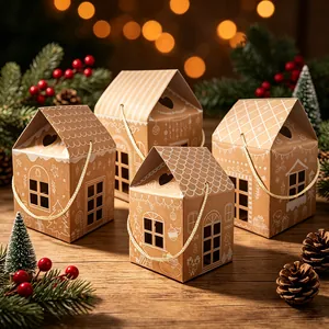 Vista dettagliata di graziose scatole regalo di Natale in carta kraft a forma di casa