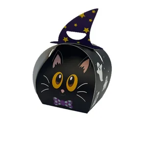 Caja de caramelos de Halloween gato negro con asa de sombrero de mago y fantasmas