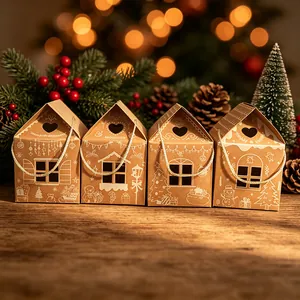 Scatole regalo di Natale in carta kraft a forma di casa in una calda cornice festiva