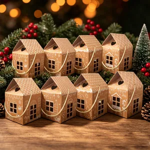 Set di graziose scatole per caramelle natalizie a forma di casa in carta kraft festiva