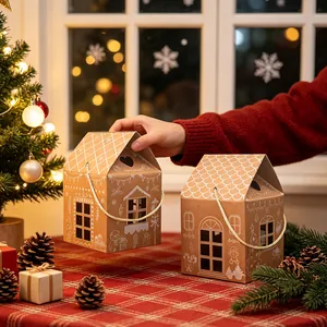 Confezione regalo festiva a forma di casa in carta kraft in un accogliente ambiente natalizio.
