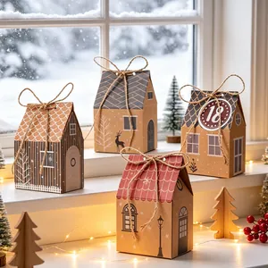 Set di scatole regalo natalizie in carta kraft a forma di casa per dolci