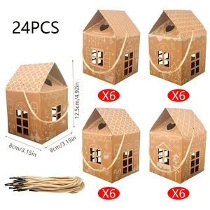 24 STÜCK Kraftpapier-Weihnachtshaus-Geschenkboxen mit Seilen 12,5x8x8cm
