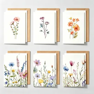 Lot de 6 élégantes cartes de vœux fleurs à l'aquarelle avec enveloppes kraft marron