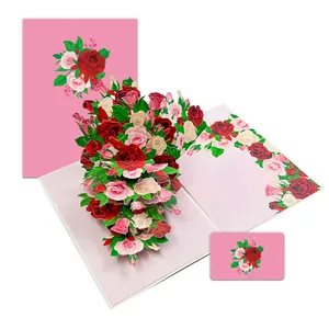Detailed view of 3D pop-up rose bouquet greeting card with matching envelope and insert