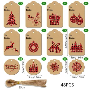 Set of 48 kraft paper Christmas gift tags with festive red and black plaid designs and twine.