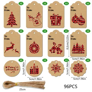 Set of 96 Christmas kraft paper gift tags with red plaid reindeer and tree designs