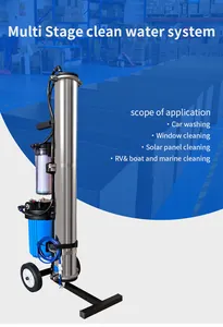 Detailed view of portable stainless steel water filtration system for car and window cleaning.