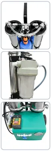 Detail view of the portable deionized water filtration system with control switch and filter.