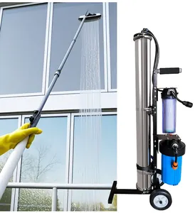 Macro view of the portable stainless steel RO DI water filter system for window cleaning.