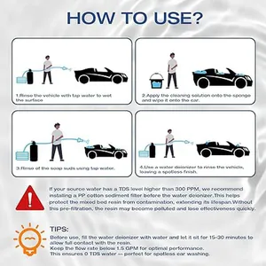 Instructional guide for using the portable DI water deionizer system for spot-free car washing.