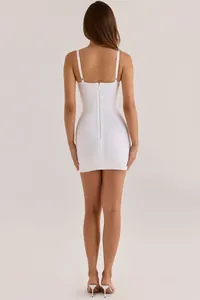 Back view of elegant white bodycon bandage mini dress with thin straps and zipper.