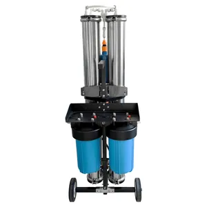 Portable RO deionized water filtration system with stainless steel tanks on a wheeled frame