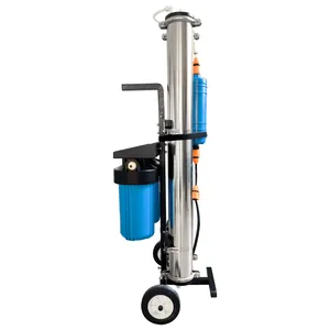 Portable stainless steel RO deionized water filtration system with wheels for window cleaning.