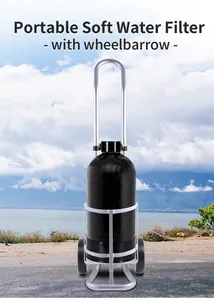 Portable RV soft water filter tank on a silver wheeled cart against a scenic background