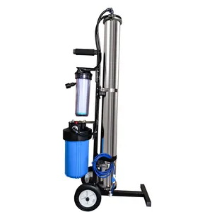 Portable stainless steel RO/DI water filtration system for car and window cleaning.