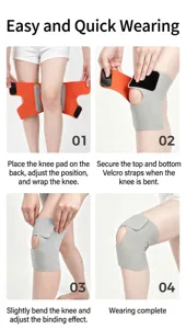 Four-step instructional guide on how to wear a breathable sports knee support brace