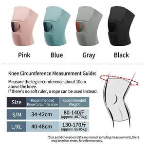 Maattabel voor ademende sportkniebeschermers in de kleuren roze, blauw, grijs en zwart.