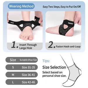 Professional breathable sports ankle support sleeve featuring size chart and wearing guide