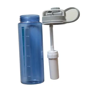 Close-up detail of outdoor water bottle with integrated purification filter straw