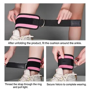 Detaillierte dreistufige Anleitung für pink-schwarze Fitness-Fußmanschetten zum Training