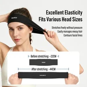 Black elastic sports sweatband for yoga and running with 22cm to 44cm stretch capacity.