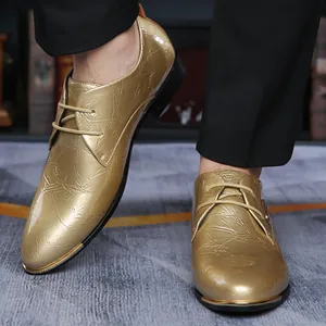 Detailed view of gold shiny men's pointed-toe Derby shoes with unique crackle texture.