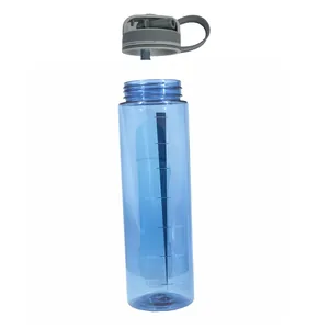 Detailed view of blue portable water filter bottle with grey lid and volume scale markings