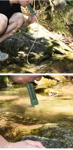 Close-up of portable survival water filter being used in a forest stream