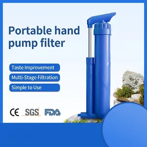Handpomp Waterfilter Outdoor Overlevingsuitrusting met Koolstofvezel KDF-filter voor Kamperen Wandelen Noodvoorbereiding Blauw