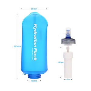 Portable 500ml blue hydration flask with detachable water filter and clear dimensions