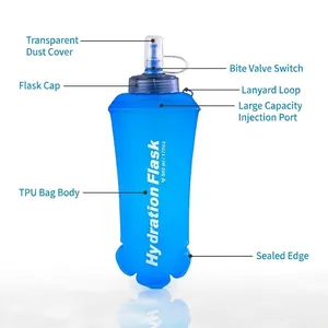 Portable 500ml blue TPU soft hydration flask with bite valve and dust cover for hiking